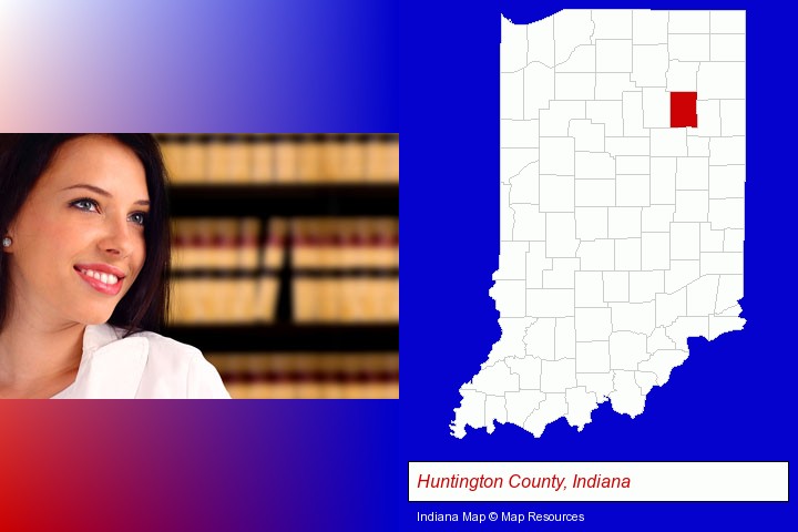 a young, female attorney in a law library; Huntington County, Indiana highlighted in red on a map