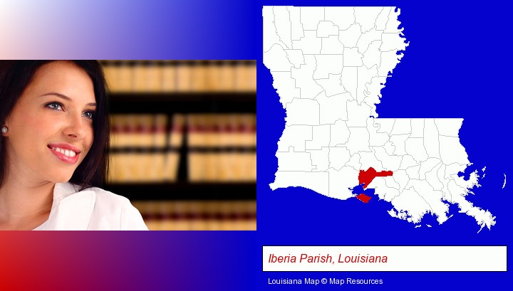 a young, female attorney in a law library; Iberia Parish, Louisiana highlighted in red on a map