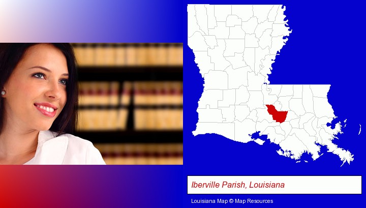 a young, female attorney in a law library; Iberville Parish, Louisiana highlighted in red on a map