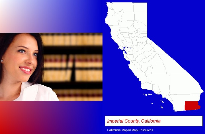 a young, female attorney in a law library; Imperial County, California highlighted in red on a map