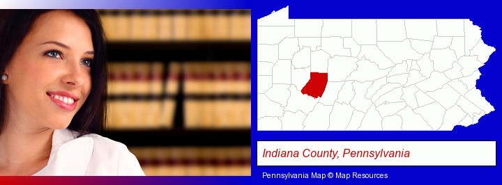 a young, female attorney in a law library; Indiana County, Pennsylvania highlighted in red on a map