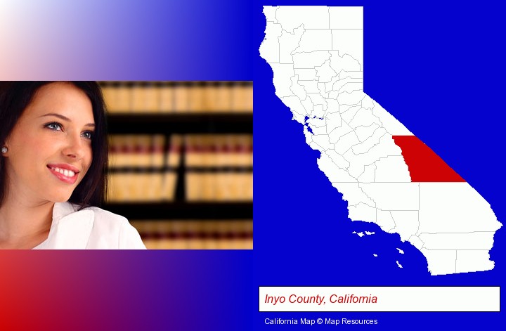 a young, female attorney in a law library; Inyo County, California highlighted in red on a map