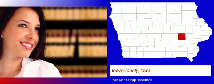 a young, female attorney in a law library; Iowa County, Iowa highlighted in red on a map
