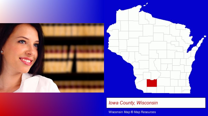 a young, female attorney in a law library; Iowa County, Wisconsin highlighted in red on a map