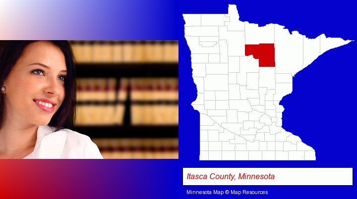 a young, female attorney in a law library; Itasca County, Minnesota highlighted in red on a map