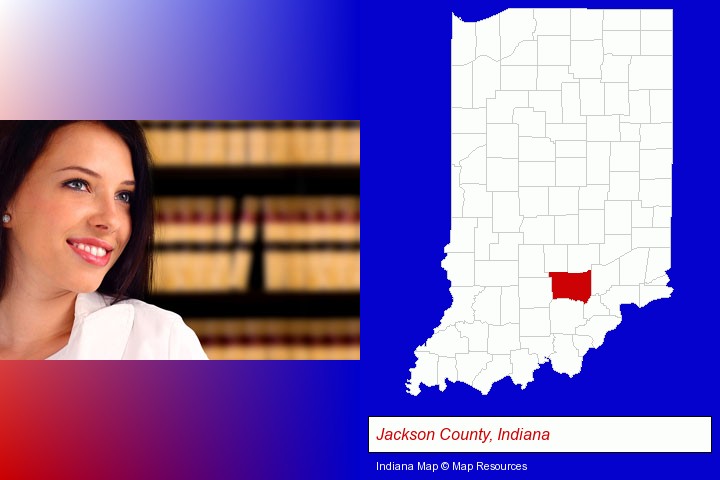 a young, female attorney in a law library; Jackson County, Indiana highlighted in red on a map