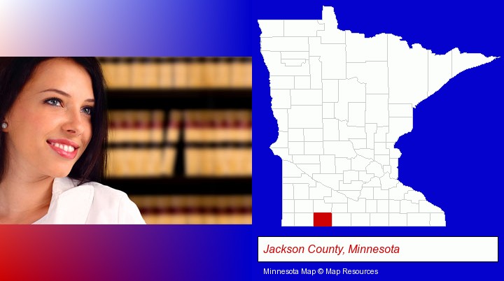a young, female attorney in a law library; Jackson County, Minnesota highlighted in red on a map