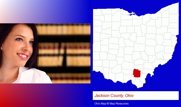 a young, female attorney in a law library; Jackson County, Ohio highlighted in red on a map
