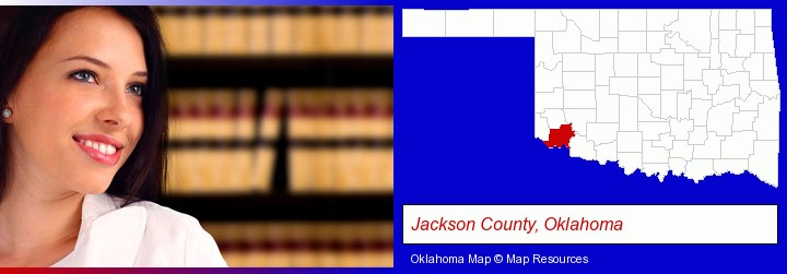 a young, female attorney in a law library; Jackson County, Oklahoma highlighted in red on a map