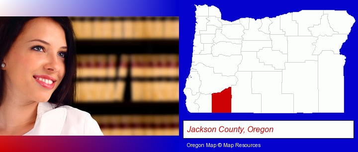 a young, female attorney in a law library; Jackson County, Oregon highlighted in red on a map