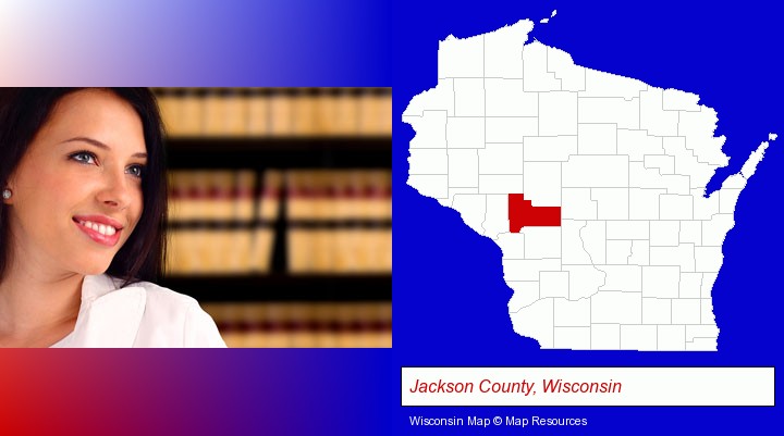 a young, female attorney in a law library; Jackson County, Wisconsin highlighted in red on a map