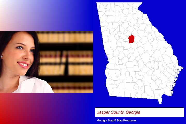 a young, female attorney in a law library; Jasper County, Georgia highlighted in red on a map