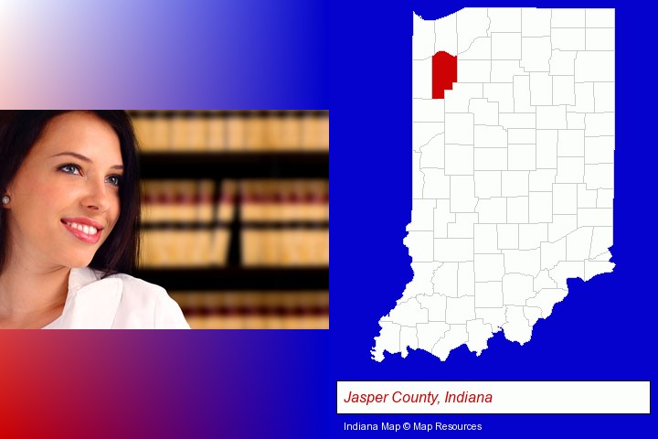 a young, female attorney in a law library; Jasper County, Indiana highlighted in red on a map