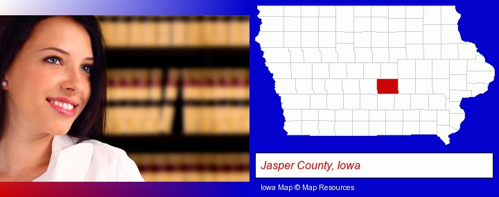 a young, female attorney in a law library; Jasper County, Iowa highlighted in red on a map