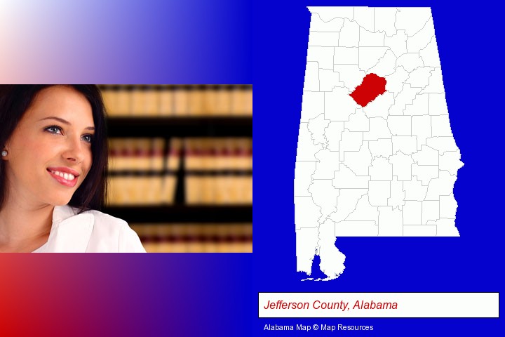 a young, female attorney in a law library; Jefferson County, Alabama highlighted in red on a map