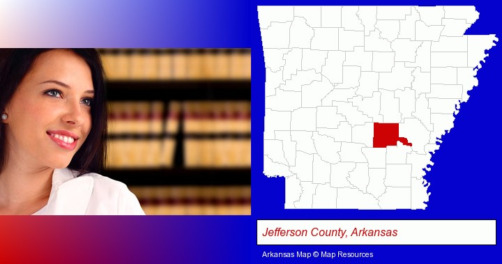 a young, female attorney in a law library; Jefferson County, Arkansas highlighted in red on a map