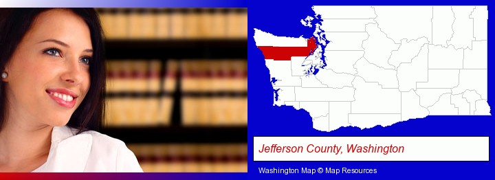 a young, female attorney in a law library; Jefferson County, Washington highlighted in red on a map