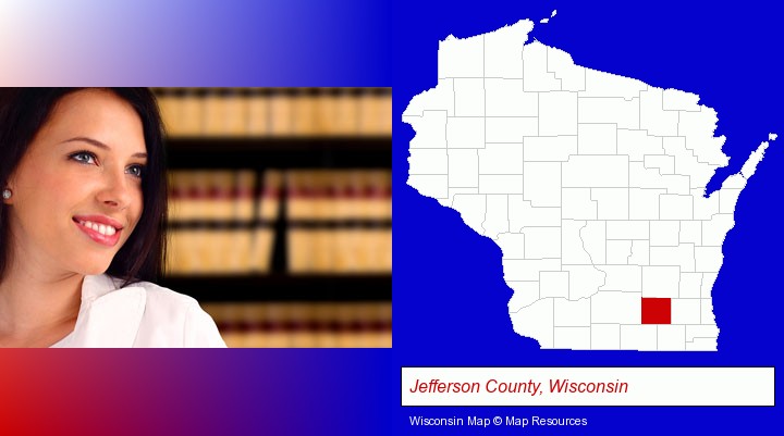 a young, female attorney in a law library; Jefferson County, Wisconsin highlighted in red on a map