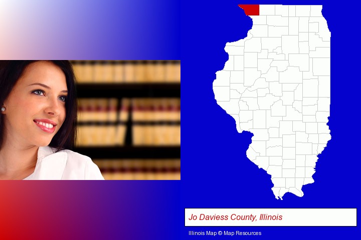 a young, female attorney in a law library; Jo Daviess County, Illinois highlighted in red on a map