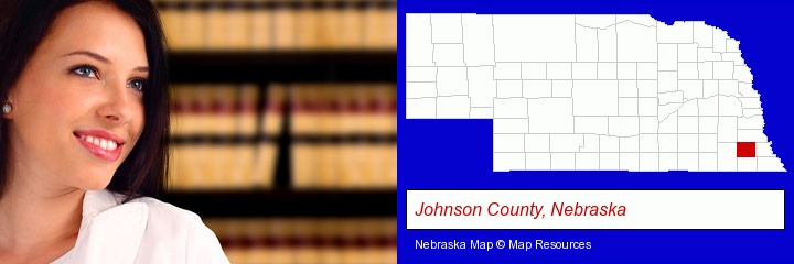 a young, female attorney in a law library; Johnson County, Nebraska highlighted in red on a map