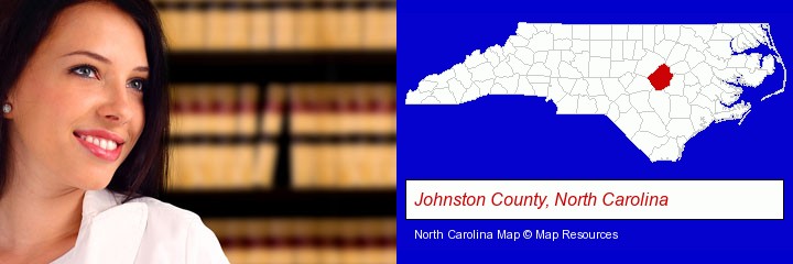 a young, female attorney in a law library; Johnston County, North Carolina highlighted in red on a map