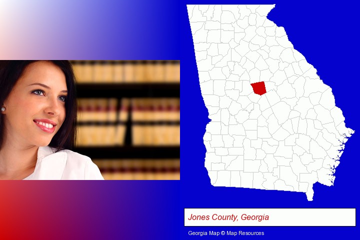 a young, female attorney in a law library; Jones County, Georgia highlighted in red on a map