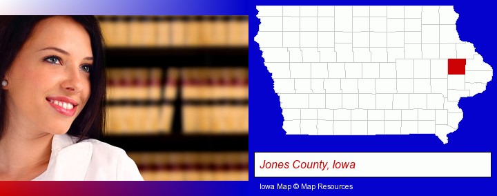 a young, female attorney in a law library; Jones County, Iowa highlighted in red on a map