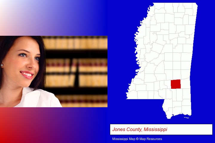 a young, female attorney in a law library; Jones County, Mississippi highlighted in red on a map
