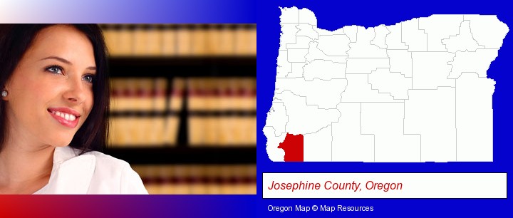 a young, female attorney in a law library; Josephine County, Oregon highlighted in red on a map
