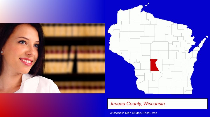 a young, female attorney in a law library; Juneau County, Wisconsin highlighted in red on a map