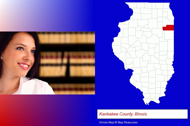 a young, female attorney in a law library; Kankakee County, Illinois highlighted in red on a map