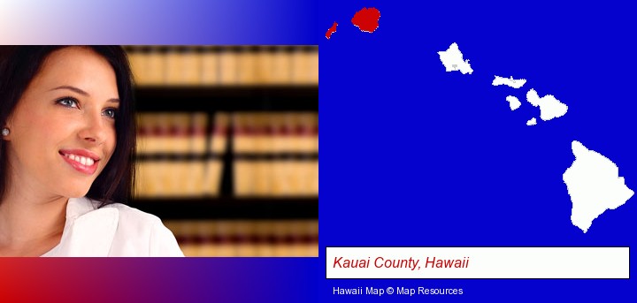 a young, female attorney in a law library; Kauai County, Hawaii highlighted in red on a map