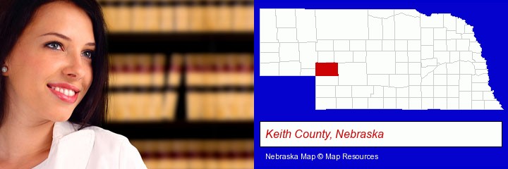 a young, female attorney in a law library; Keith County, Nebraska highlighted in red on a map