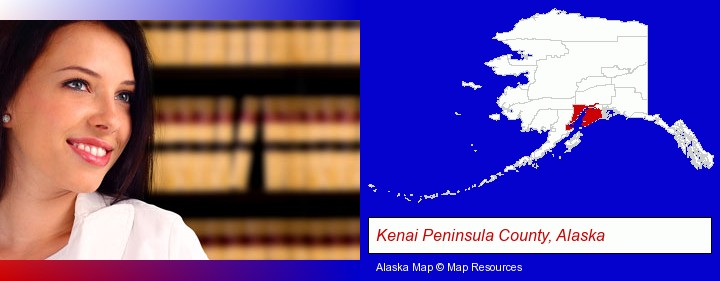 a young, female attorney in a law library; Kenai Peninsula County, Alaska highlighted in red on a map