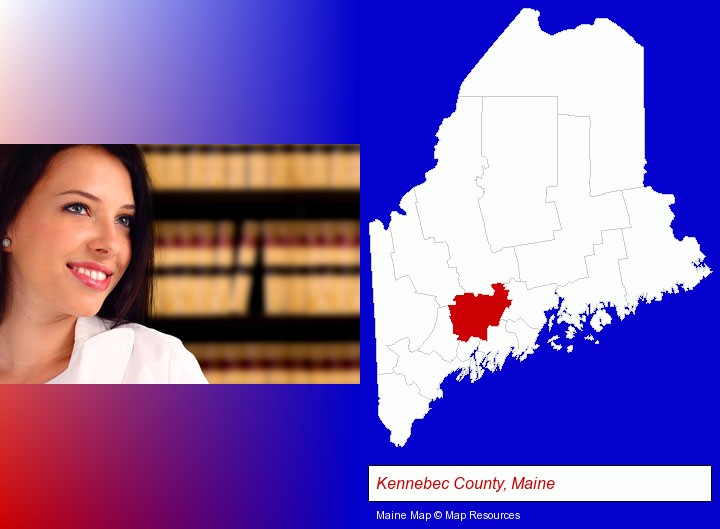 a young, female attorney in a law library; Kennebec County, Maine highlighted in red on a map