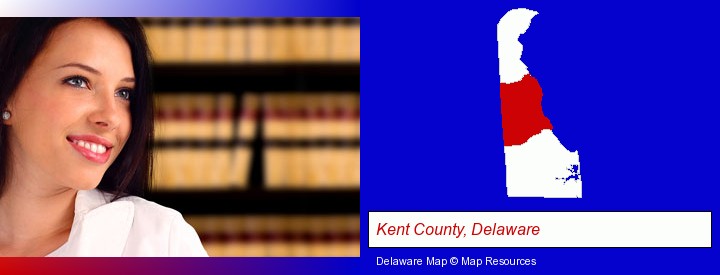 a young, female attorney in a law library; Kent County, Delaware highlighted in red on a map