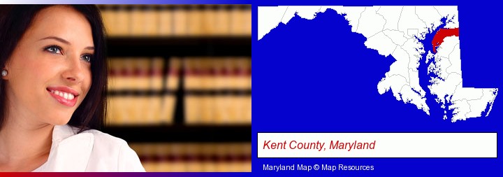 a young, female attorney in a law library; Kent County, Maryland highlighted in red on a map