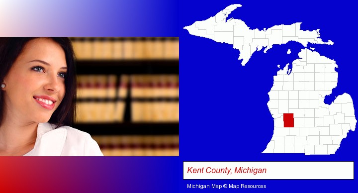 a young, female attorney in a law library; Kent County, Michigan highlighted in red on a map