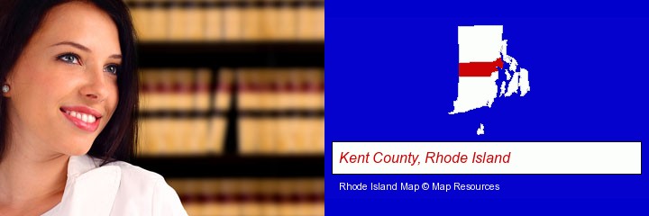 a young, female attorney in a law library; Kent County, Rhode Island highlighted in red on a map