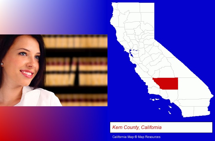 a young, female attorney in a law library; Kern County, California highlighted in red on a map