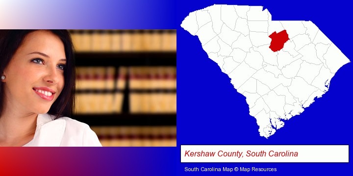a young, female attorney in a law library; Kershaw County, South Carolina highlighted in red on a map