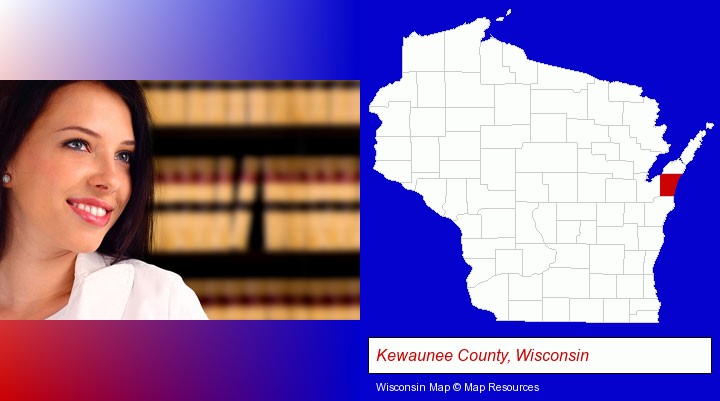 a young, female attorney in a law library; Kewaunee County, Wisconsin highlighted in red on a map