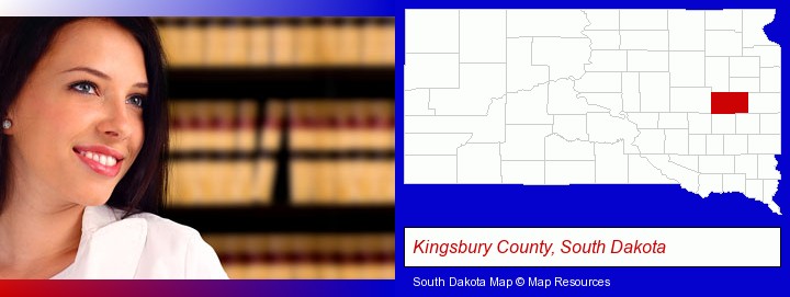 a young, female attorney in a law library; Kingsbury County, South Dakota highlighted in red on a map