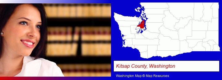 a young, female attorney in a law library; Kitsap County, Washington highlighted in red on a map