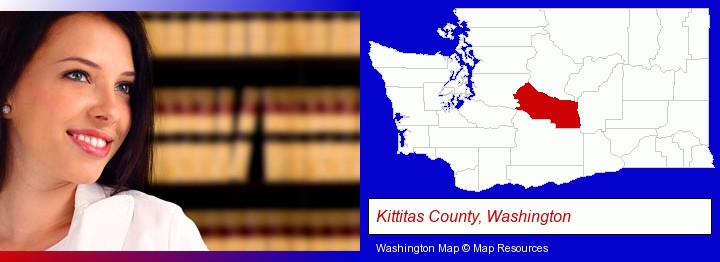 a young, female attorney in a law library; Kittitas County, Washington highlighted in red on a map
