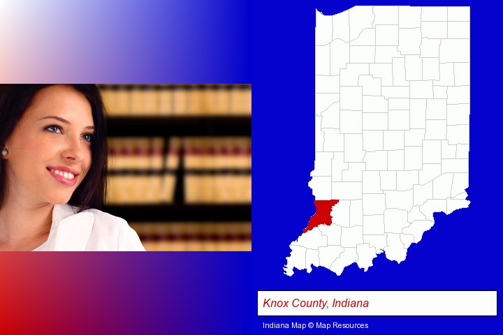 a young, female attorney in a law library; Knox County, Indiana highlighted in red on a map