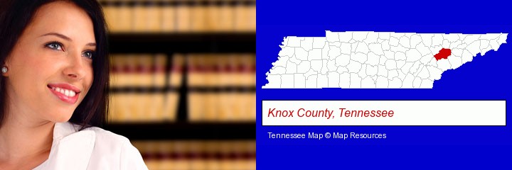 a young, female attorney in a law library; Knox County, Tennessee highlighted in red on a map