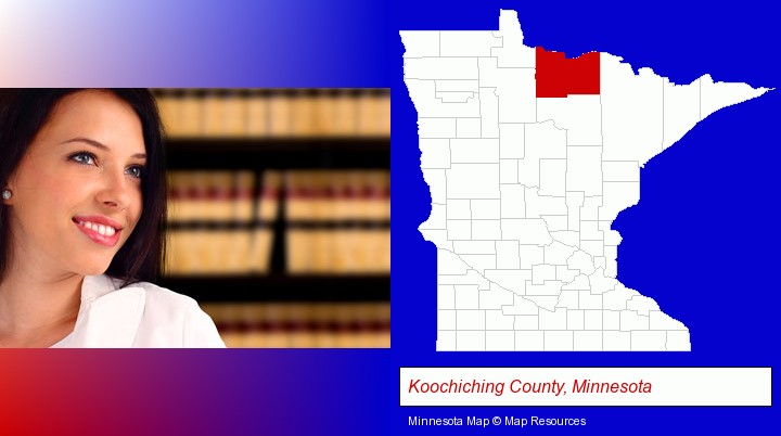 a young, female attorney in a law library; Koochiching County, Minnesota highlighted in red on a map