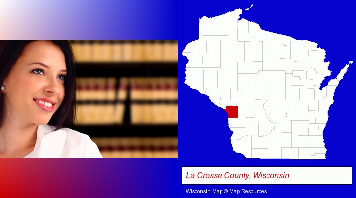 a young, female attorney in a law library; La Crosse County, Wisconsin highlighted in red on a map