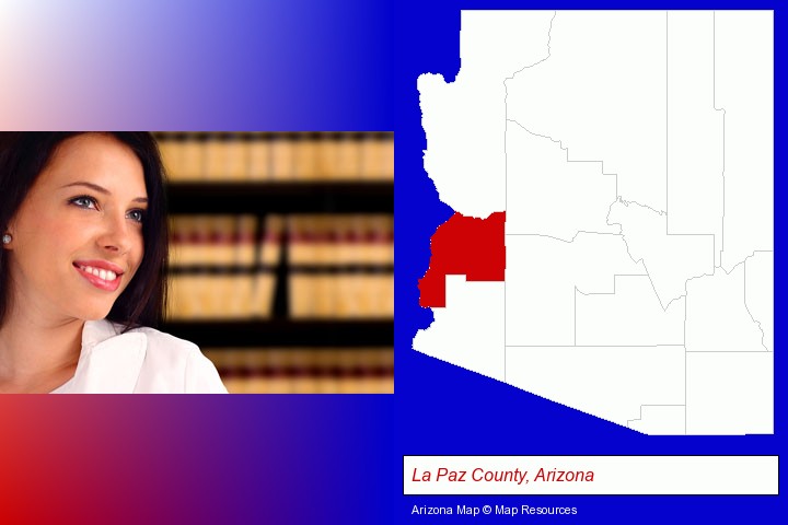 a young, female attorney in a law library; La Paz County, Arizona highlighted in red on a map